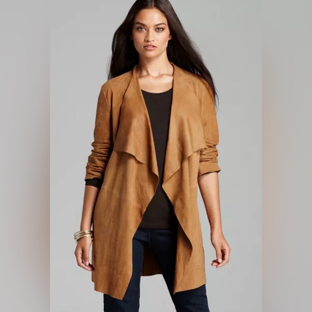 Eileen Fisher Drape Front Suede Jacket Sz XS Goat Suede and silk lining